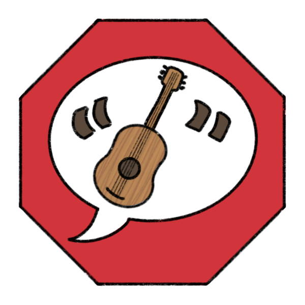 a red octagon stop sign with a speech bubble on it. Inside the speech bubble is an acoustic guitar. The symbol has quotes around it to show it's standing in for another word.